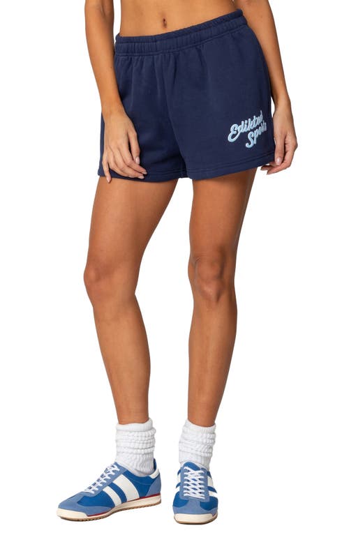 Shop Edikted So Sporty Fleece Shorts In Navy
