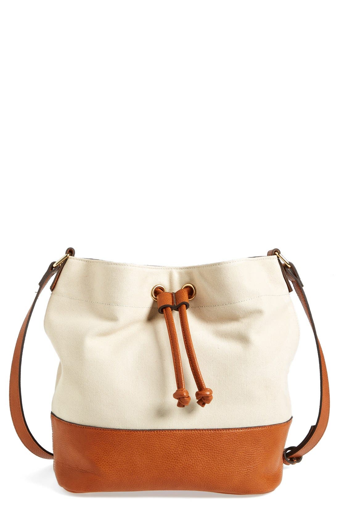 Canvas & Faux Leather Bucket Bag, Main, color, COGNAC