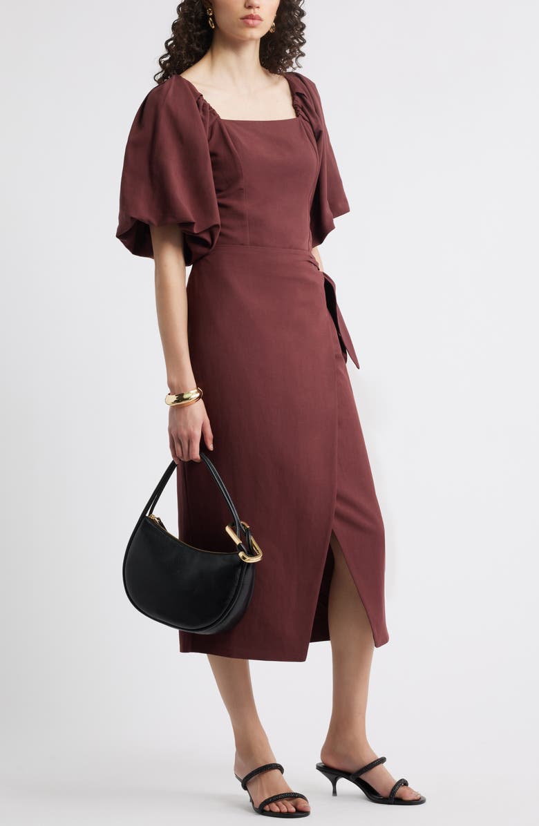 Nordstrom Puff Sleeve Square Neck Top, Alternate, color, Brown Raisin