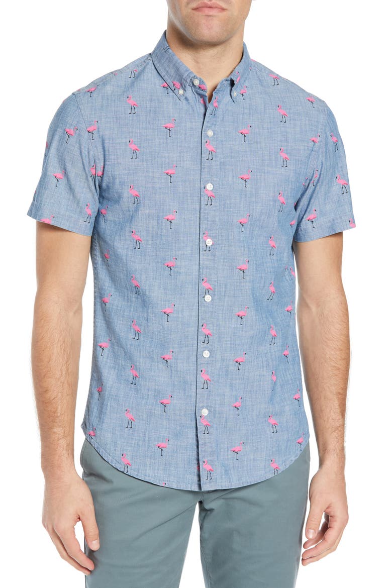 Riviera Slim Fit Flamingo Print Sport Shirt, Main, color, CHAMBRAY FLAMINGO - PINK
