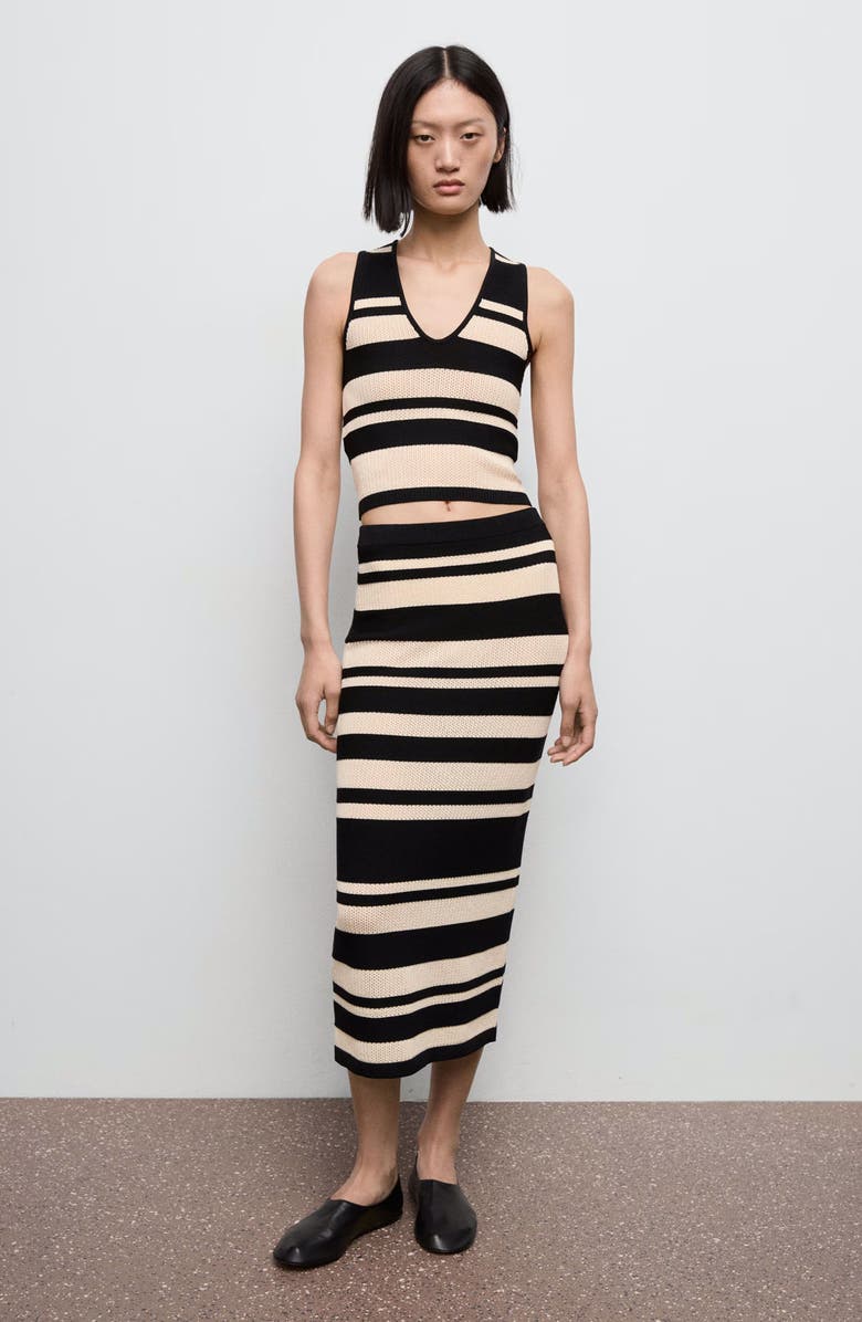 MANGO Stripe Knit Midi Skirt, Alternate, color, Black