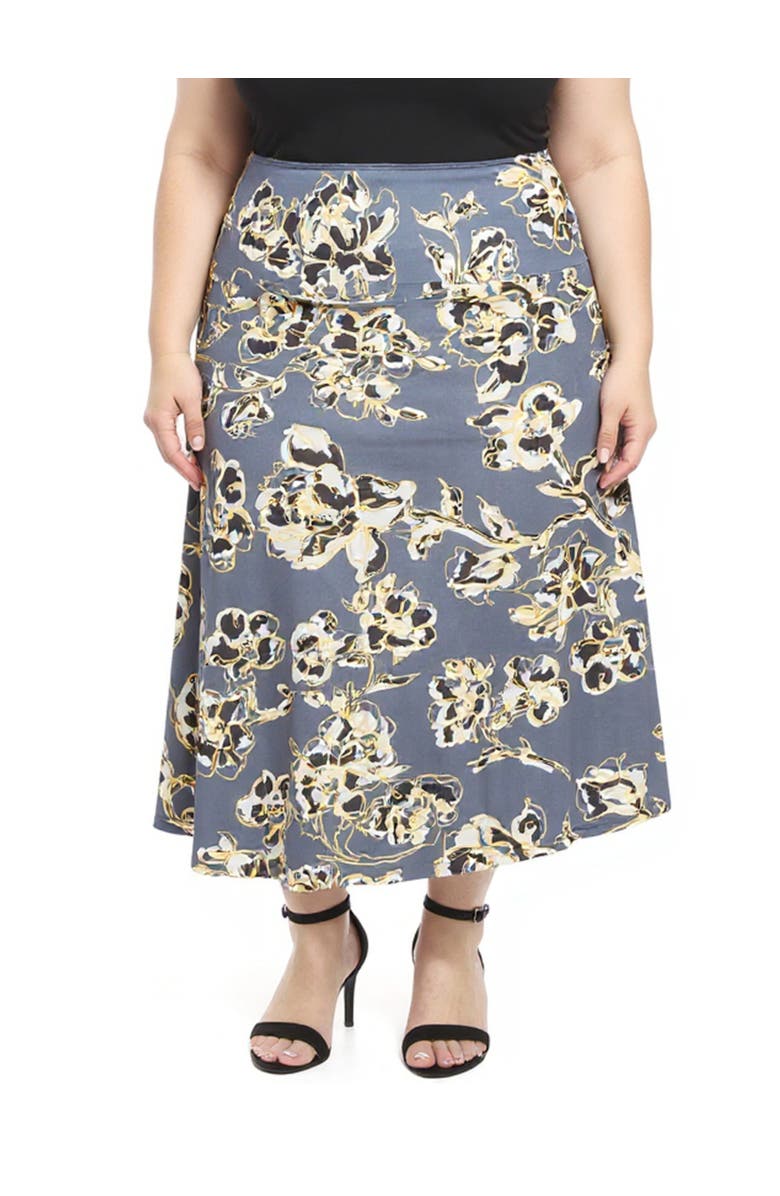 24seven Comfort Apparel Plus Size Floral Elastic Waist A-Line Maxi Skirt, Main, color, Grey Multi