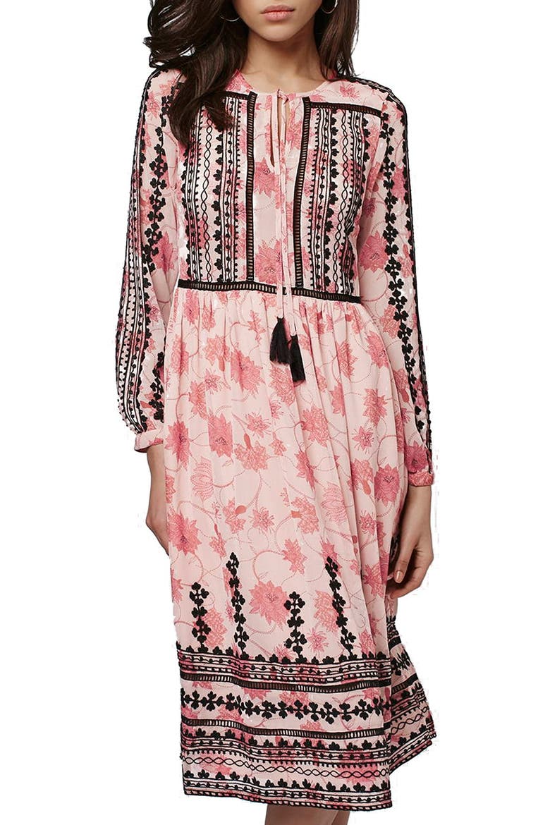 Embroidered Print Midi Dress, Alternate, color, PINK