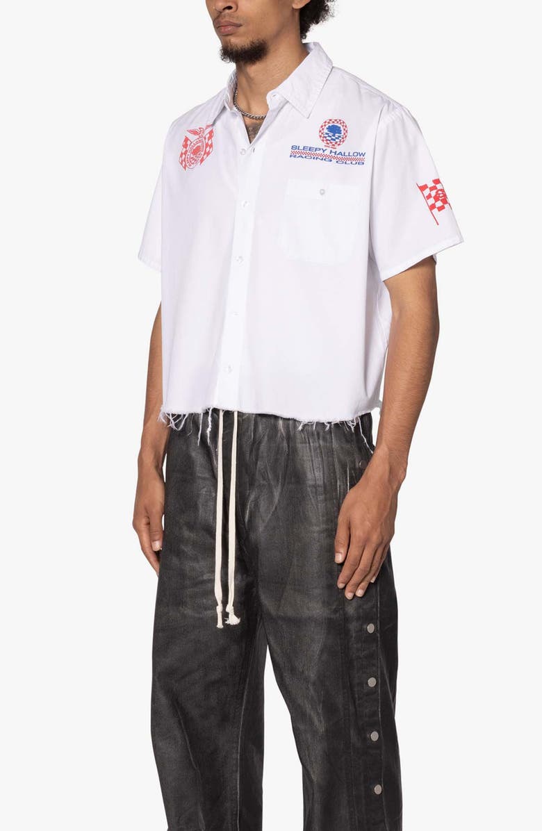 mnml SHRC Pit Crew Fray Hem Crop Button-Up Shirt, Alternate, color, 