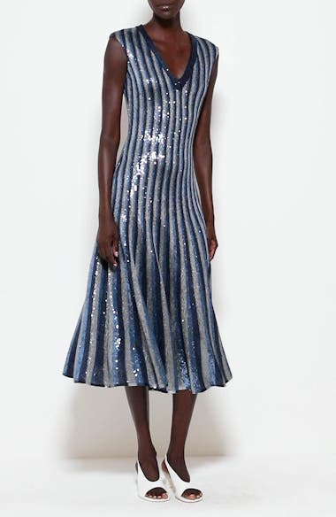 ST. JOHN Sequin Stripe Fit & Flare Midi Dress | Nordstrom
