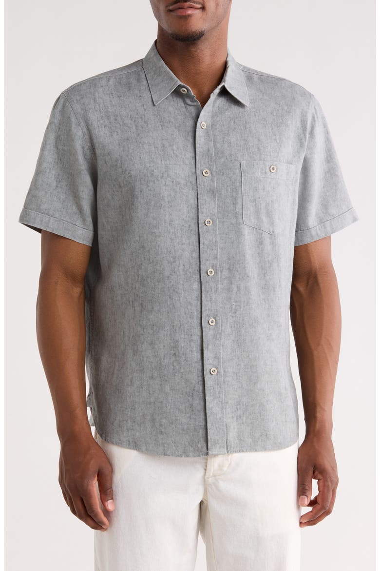Short Sleeve Pigment Washed Linen Blend Shirt, Main, color, GREY