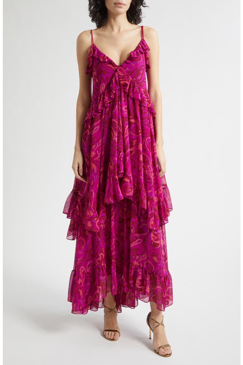 Anahi Paisley Bloom Ruffle Maxi Dress, Main, color, PURPLE GARNET MULTI