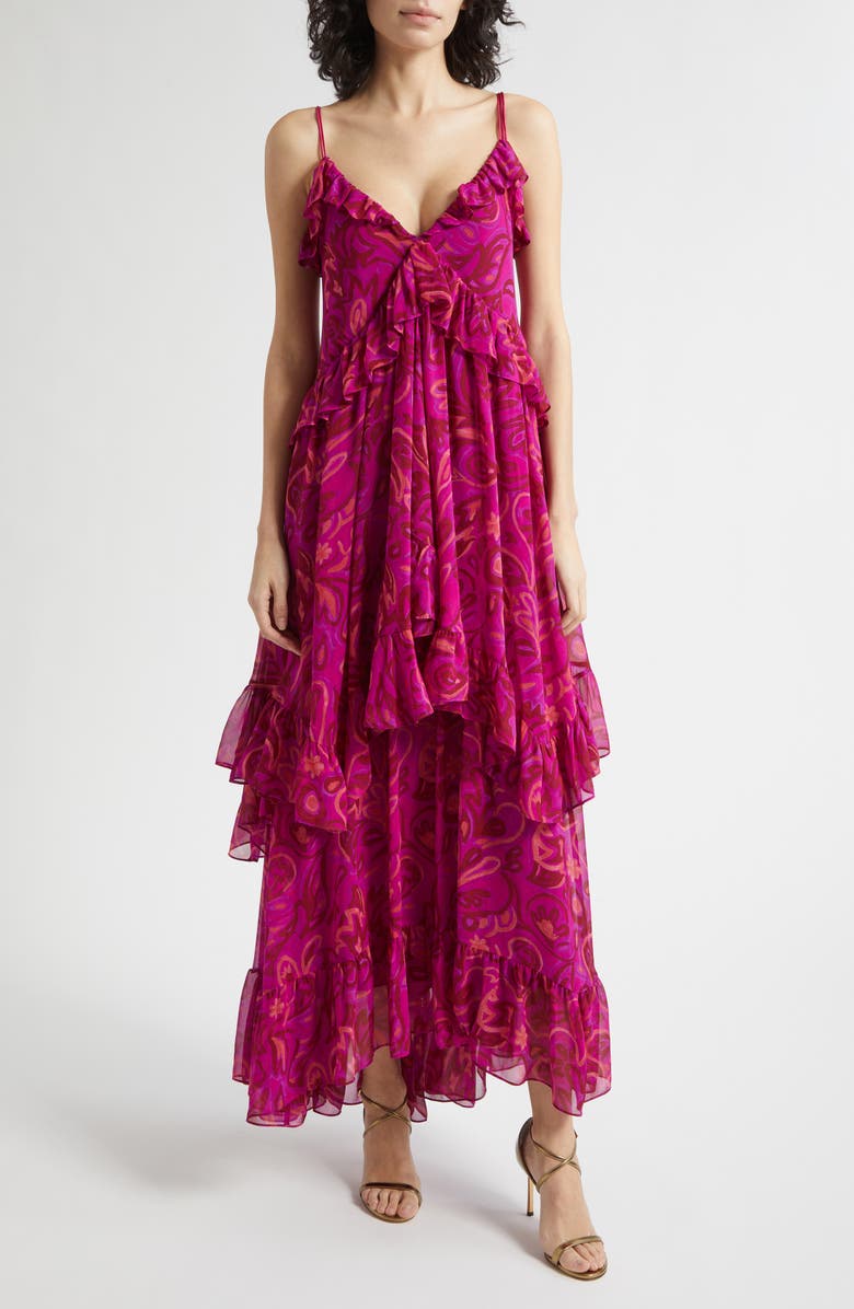 Cinq à Sept Anahi Paisley Bloom Ruffle Maxi Dress, Main, color, Purple Garnet Multi