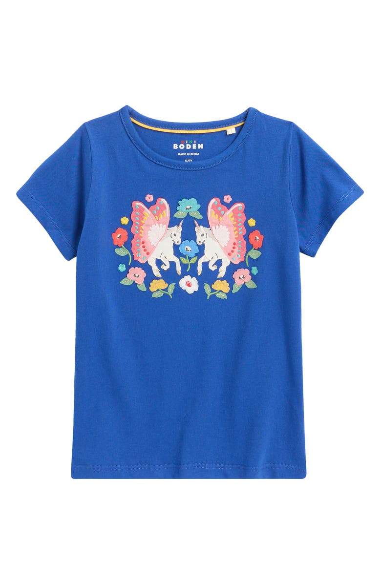 Mini Boden Kids' Short Sleeve Appliqué T-Shirt, Main, color, Sapphire Blue Unicorn