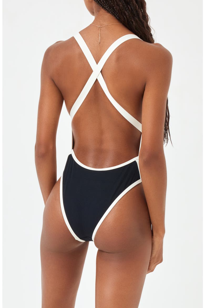 Baewatch Colorblock Trim Ribbed One-Piece Swimsuit, Alternate, color, BLACK/ CREAM