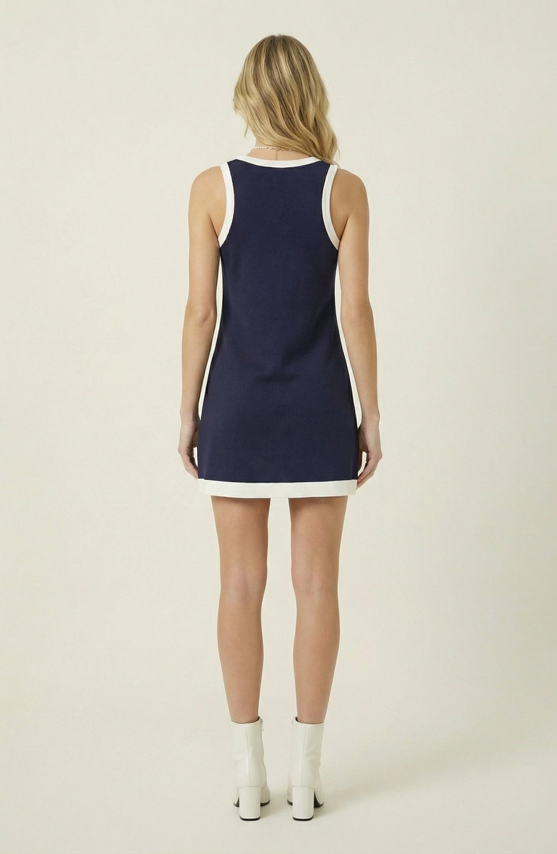 Modenaire Sleeveless Knit Mini Dress with Contrast Trim and Front Pockets, Alternate, color, Navy Blue