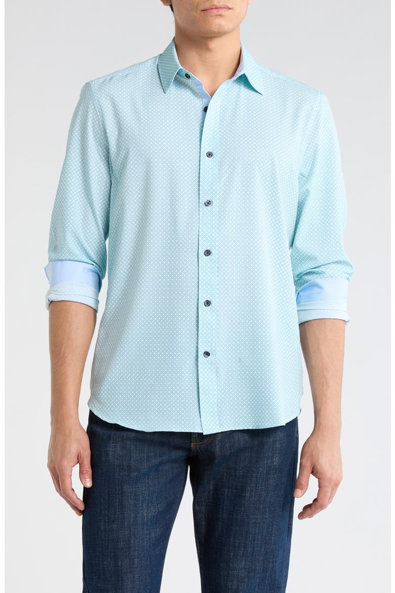 Slim Fit Diamond Geometric Stretch Button-Up Shirt, Main, color, WHITE/ GREEN