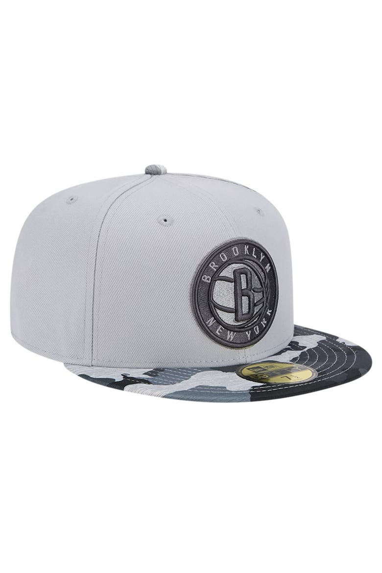 Men's New Era Gray Brooklyn Nets Active Color Camo Visor 59FIFTY Fitted Hat, Alternate, color, Gray