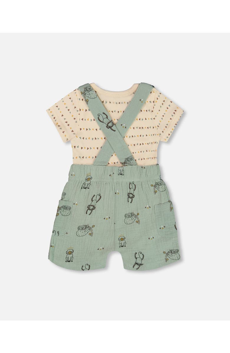 Deux par Deux Baby Boy's Printed Muslin Shortall And Organic Cotton Bodysuit Set Sage Monkey And Off-White, Alternate, color, 