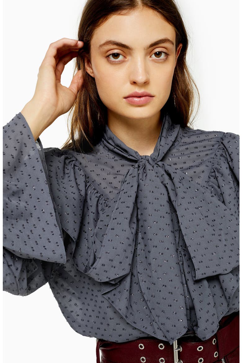 Tie Neck Dobby Blouse, Alternate, color, GUNMETAL