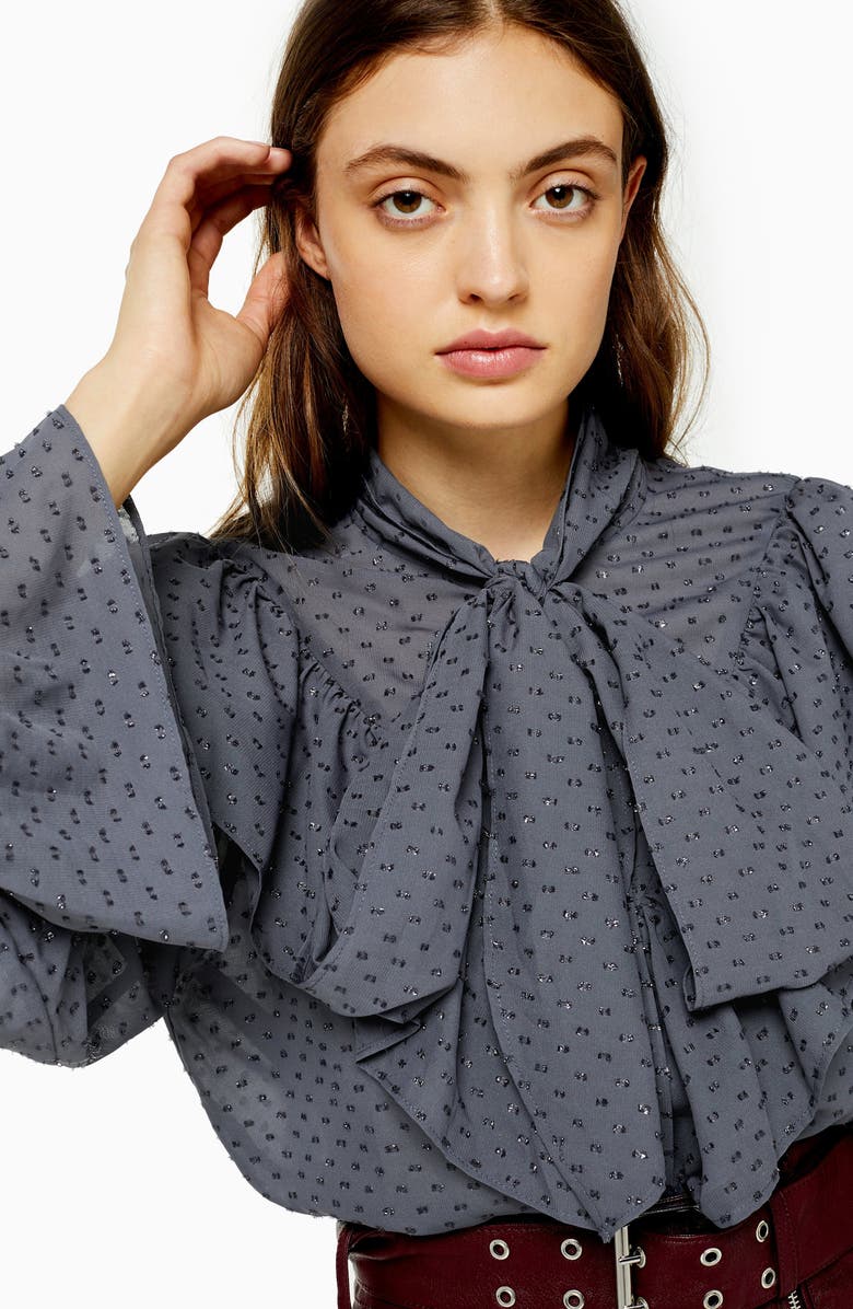 Topshop Tie Neck Dobby Blouse, Alternate, color, 