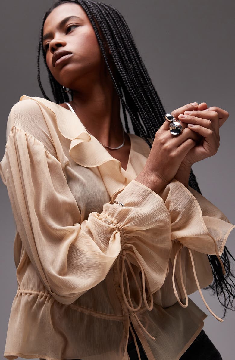 Topshop Ruffle Tie Front Sheer Top, Alternate, color, Beige