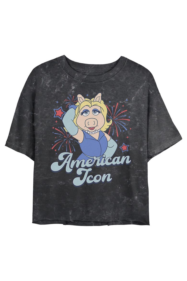 Junior's Miss American Icon Short Sleeve Cropped T-Shirt, Main, color, Black