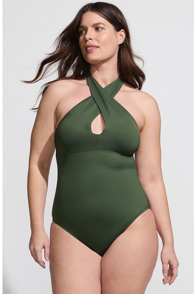 Criss Cross Halter One Piece Swimsuit, Main, color, Rich Olive Green