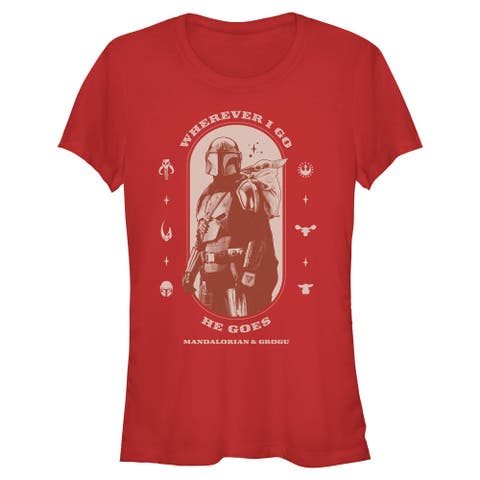 Juniors Star Wars The Mandalorian and Grogu Wherever I Go He Goes Logo T Shirt