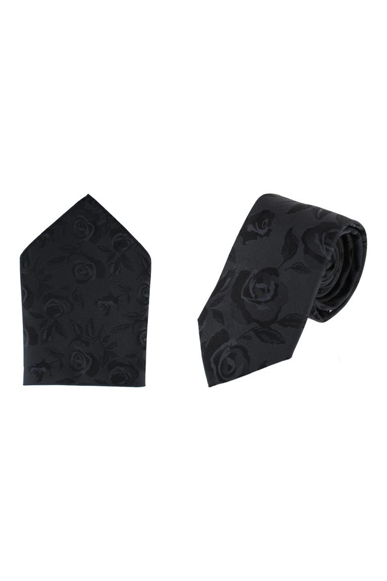 Rose Print Tone on Tone Tie & Pocket Square Bundle, Main, color, Black