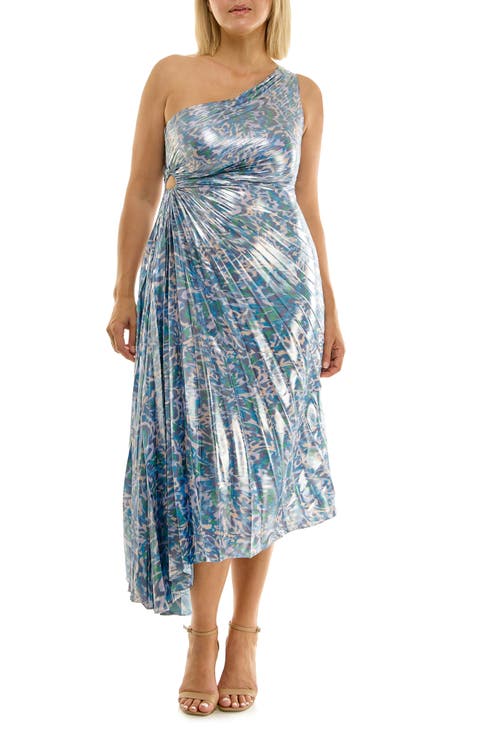 Pleated One-Shoulder Metallic Dress
