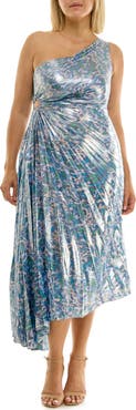 Nicole Miller Pleated One-Shoulder Metallic Dress