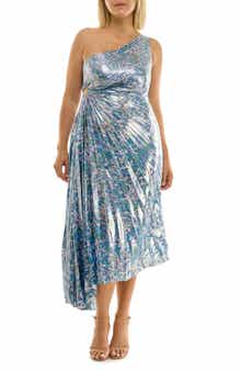 Nicole Miller Pleated One-Shoulder Metallic Dress