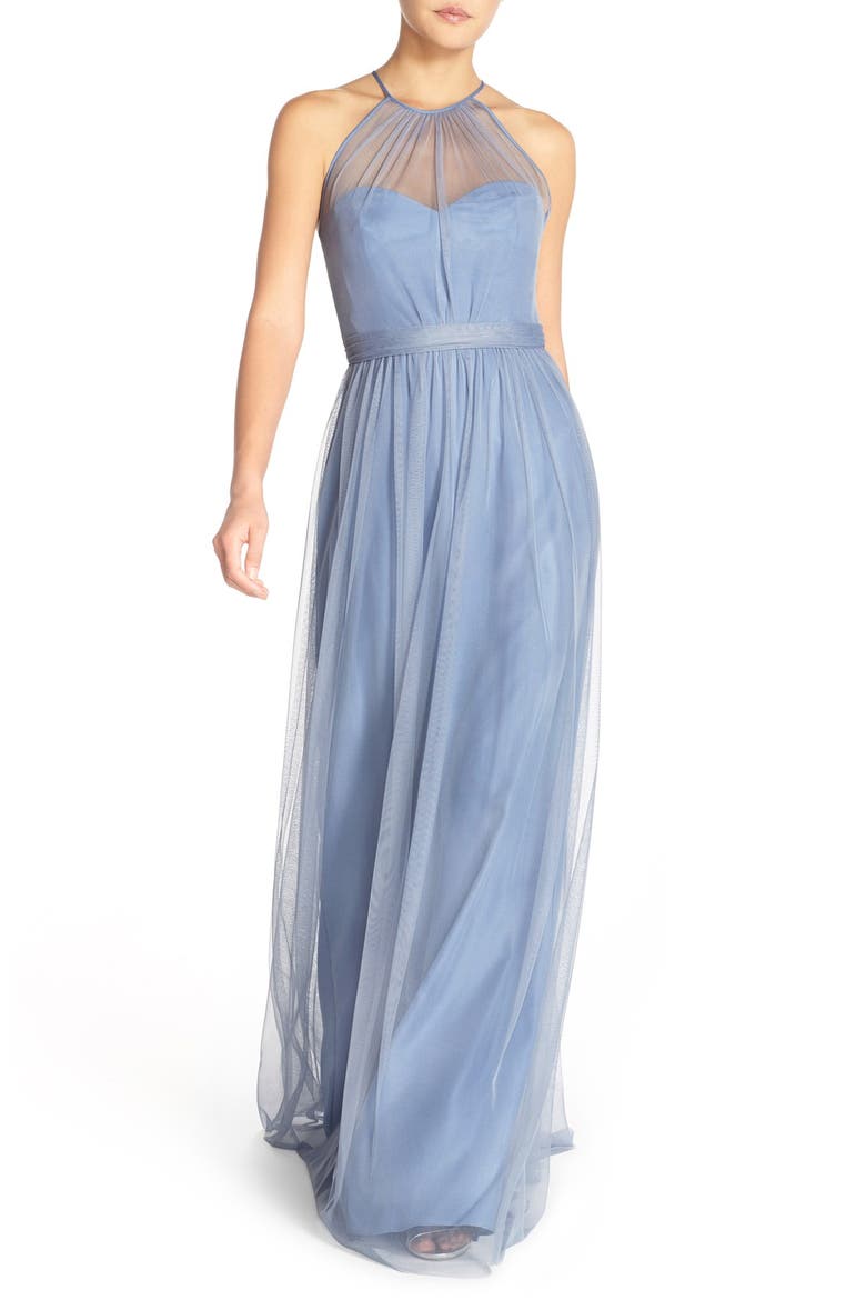 'Aliki' Illusion Yoke Tulle Halter Gown, Main, color, DUSK