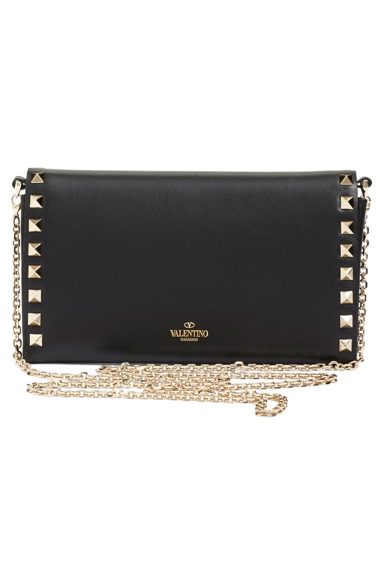 Valentino 'Rockstud' Calfskin Leather Wallet on a Chain, Alternate, color,