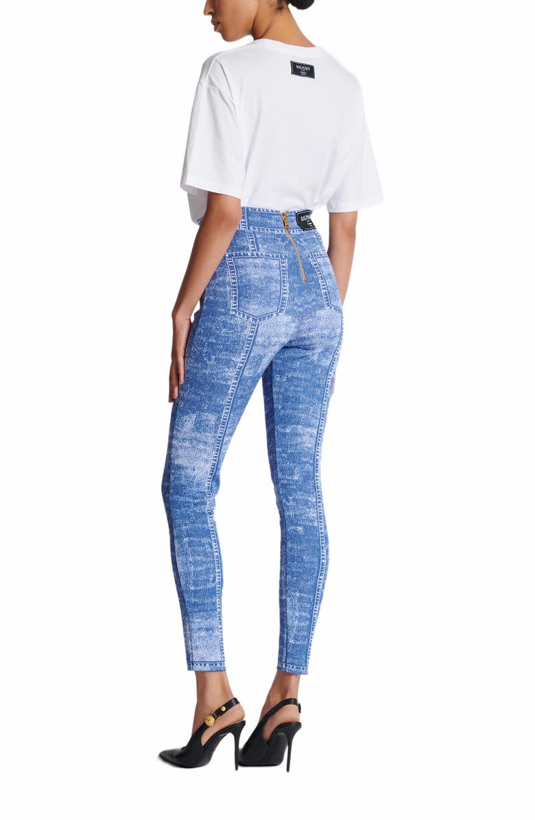 Balmain Jacquard Knit Leggings With Denim Effect, Alternate, color, 