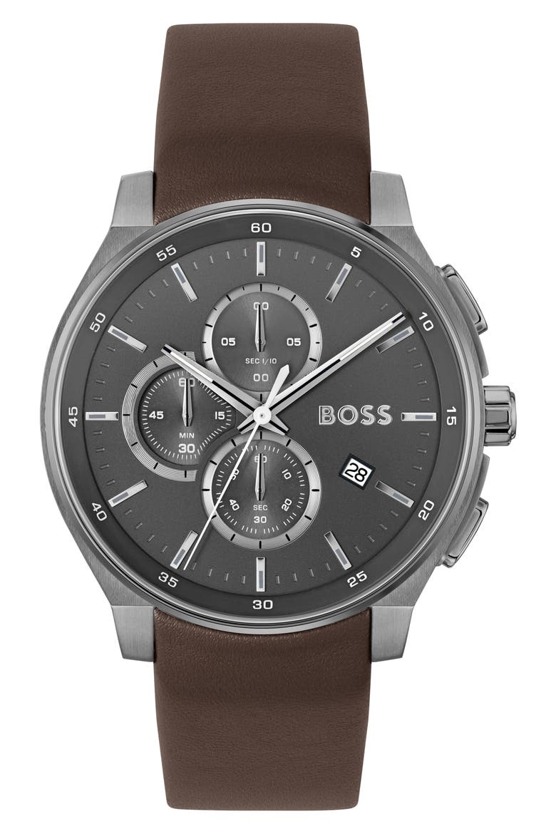 Peak 2.0 Chronograph Leather Strap Watch, 45mm, Main, color, GRAY