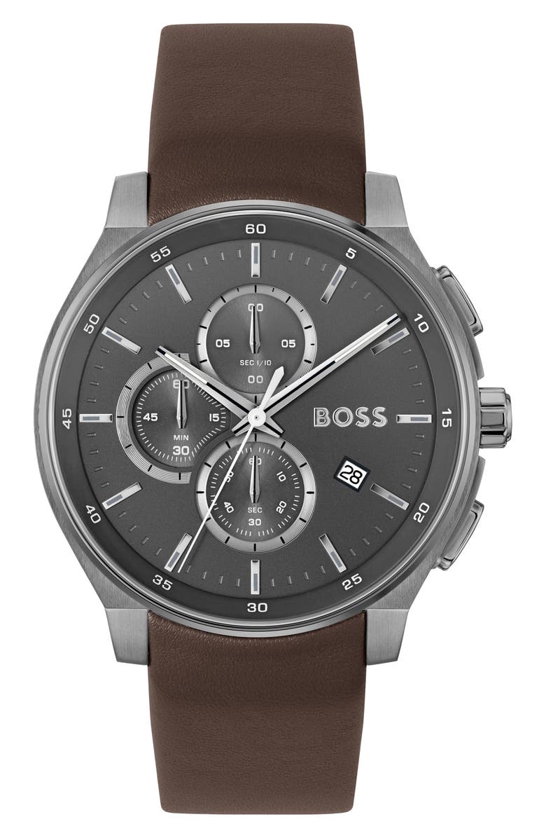 BOSS Peak 2.0 Chronograph Leather Strap Watch, 45mm, Main, color, Brown/ Gray