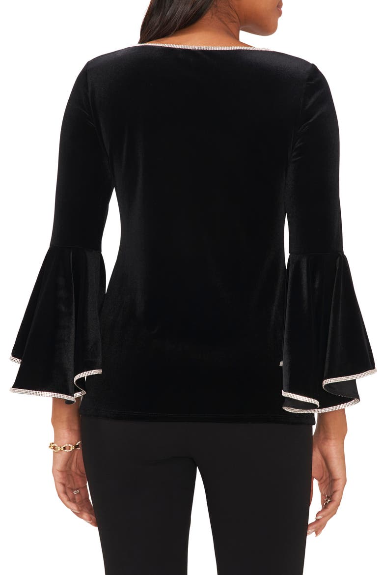 Rhinestone Trim Ruffled Long Sleeve Velvet Blouse, Alternate, color, BLACK