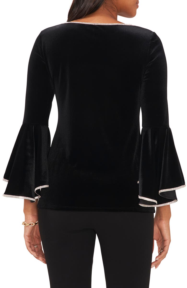 Chaus Rhinestone Trim Ruffled Long Sleeve Velvet Blouse, Alternate, color,