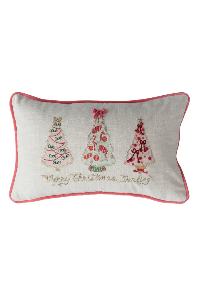 Storied Home "Merry Christmas Darling" Printed Lumbar Pillow with Christmas Trees, Embroidery, Piping and Velvet Back, Multicolor, Main, color, 
