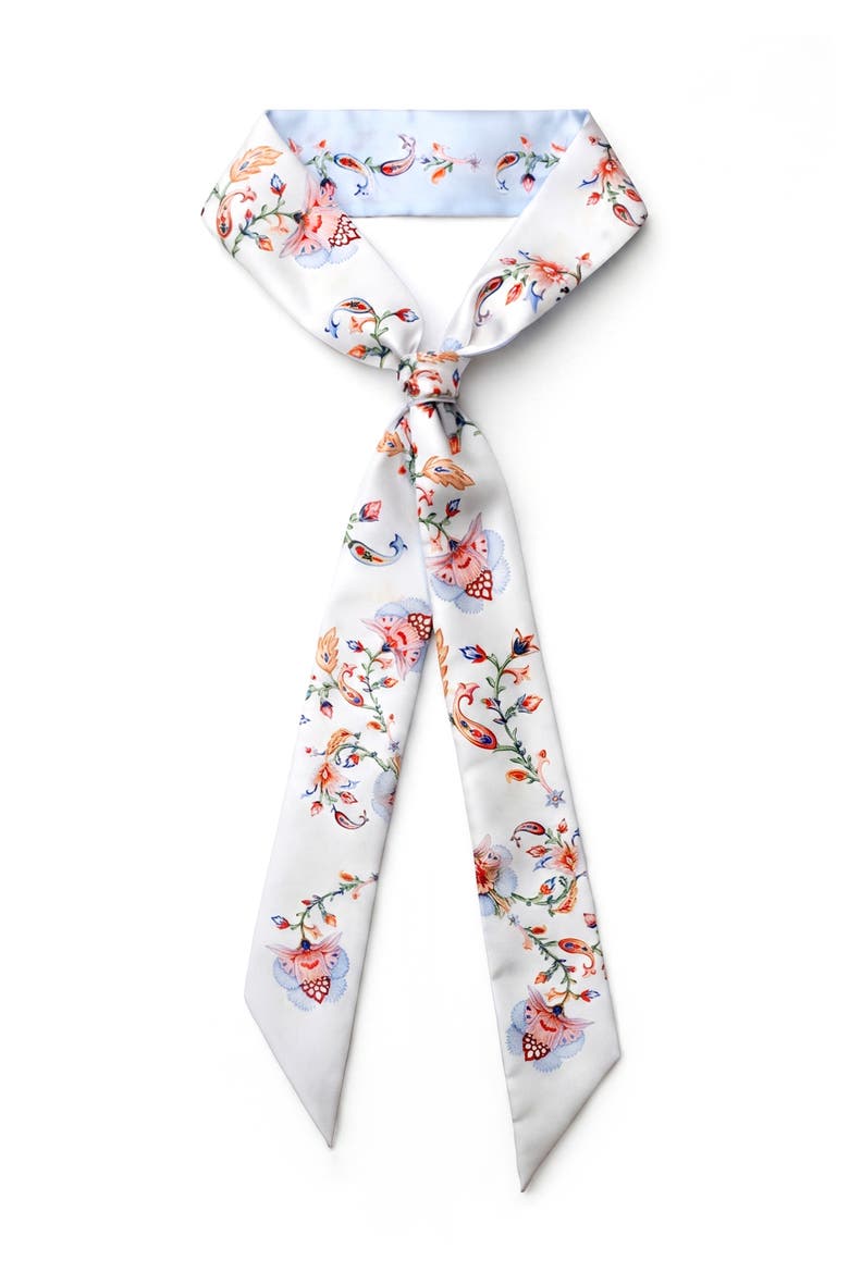 Silk Skinny Scarf Dawn Garden, Main, color, White