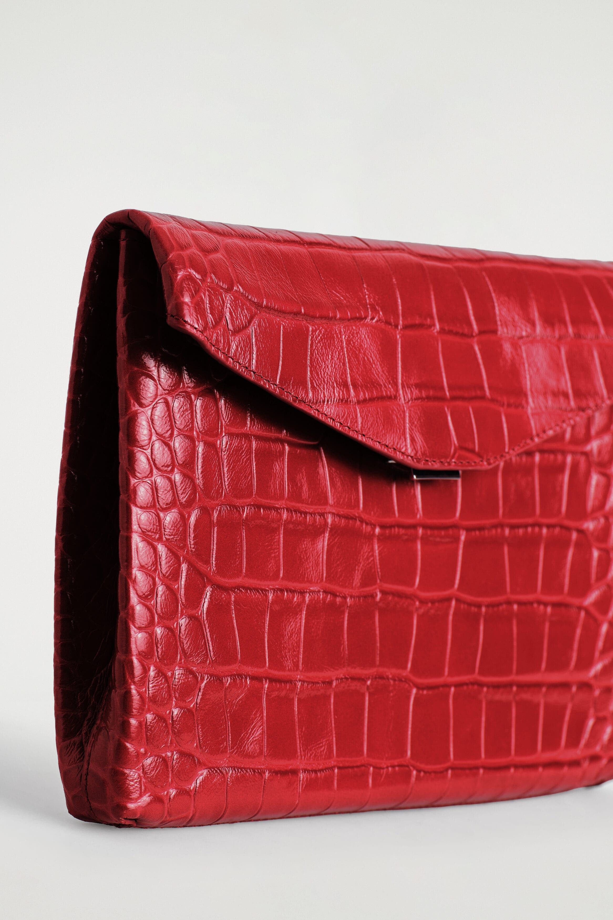 Envelope Clasp Pouch - Croc-Effect Leather, Alternate, color, RED