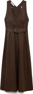 MANGO Sleeveless Belted Linen Midi Dress