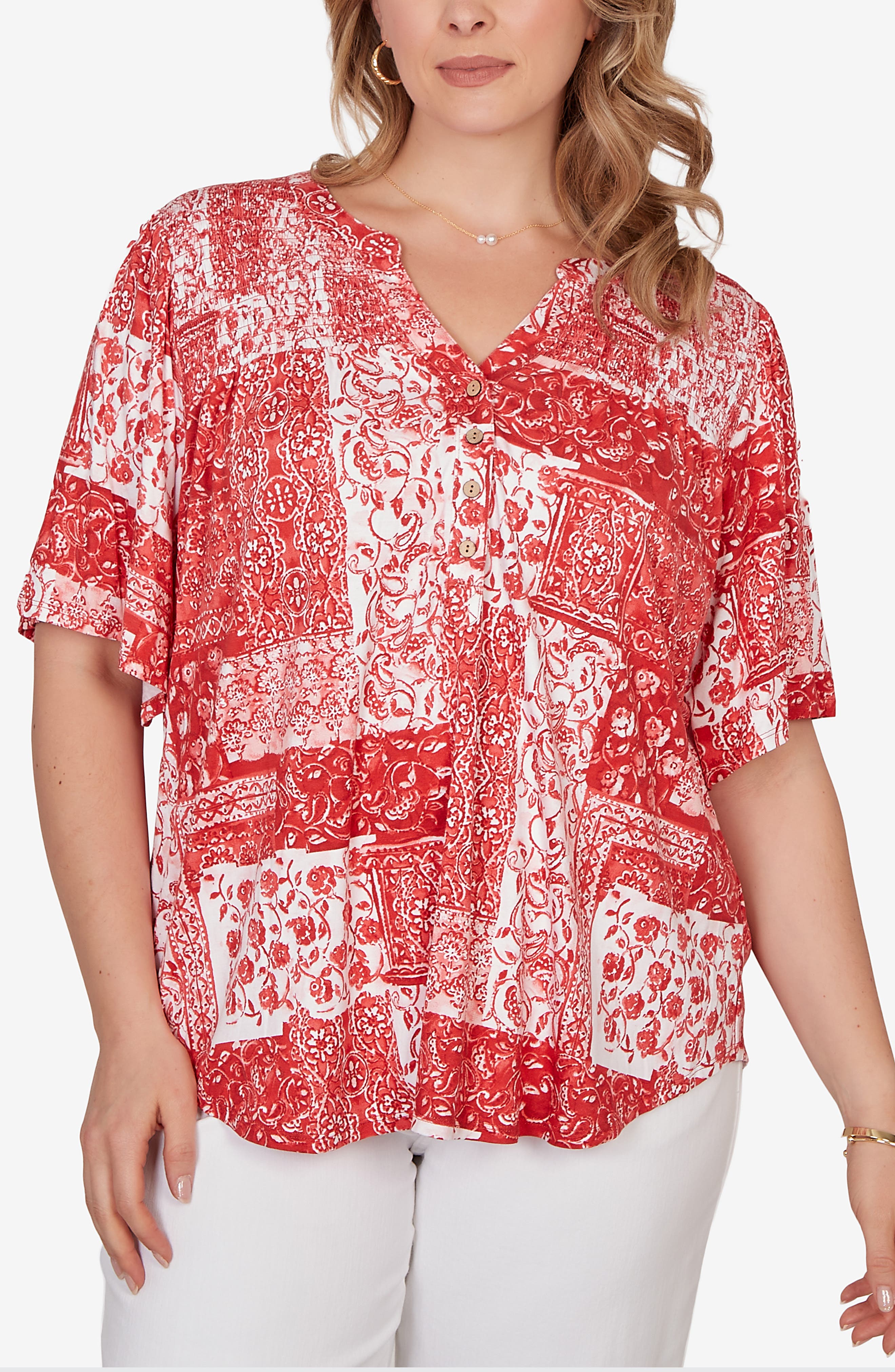 RUBY RD Floral Smocked Henley Jersey Top