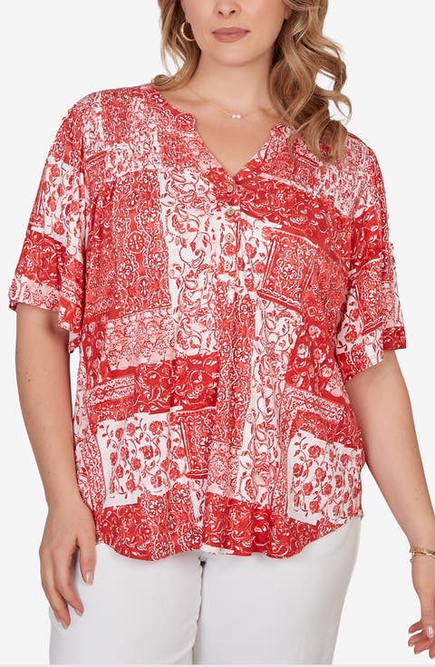 Floral Smocked Henley Jersey Top (Plus)