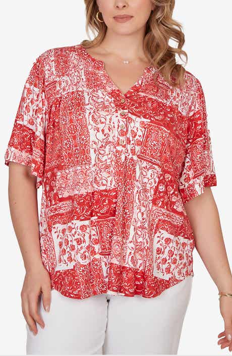 RUBY RD Floral Smocked Henley Jersey Top