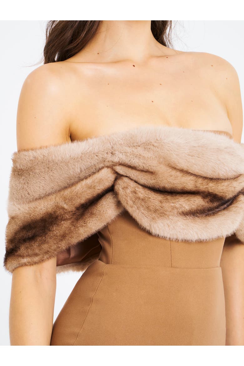 Nadira Off Shoulder Fur Trim Mini Dress, Alternate, color, Beige