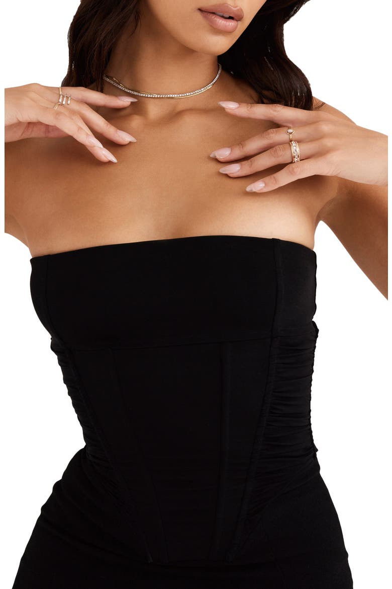 Fionula Strapless Feather Hem Midi Dress, Alternate, color, BLACK