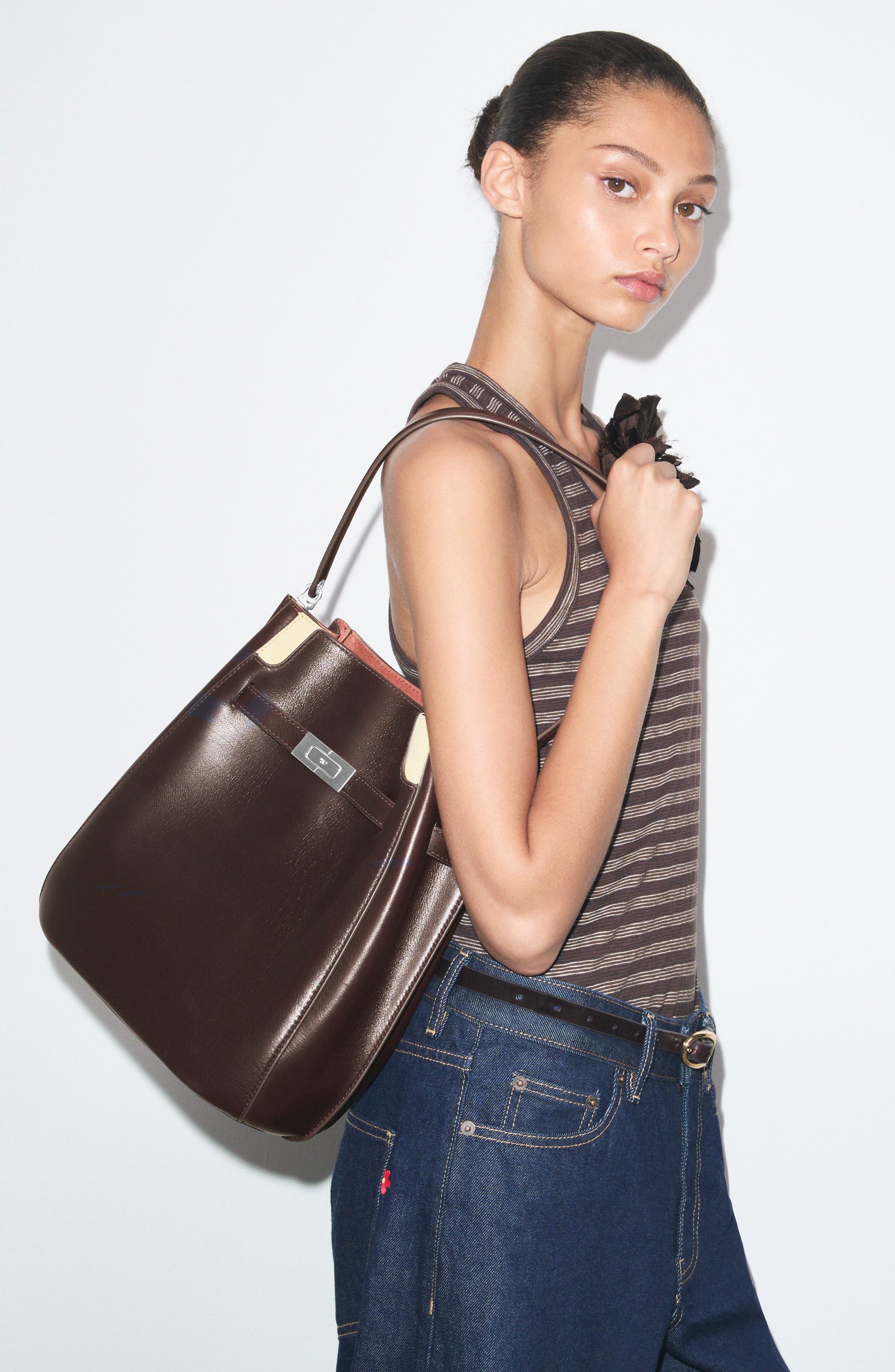 Lee Radziwill Leather Double Bucket Bag, Alternate, color, COCOA