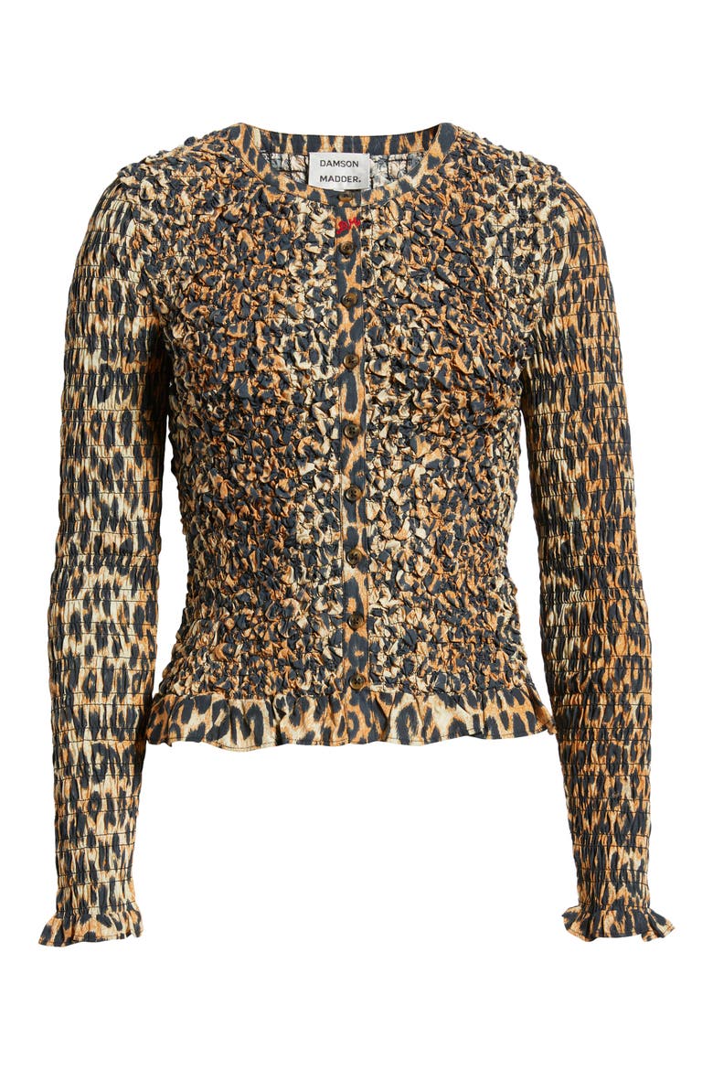 Elliana Smocked Cardigan, Alternate, color, LEOPARD
