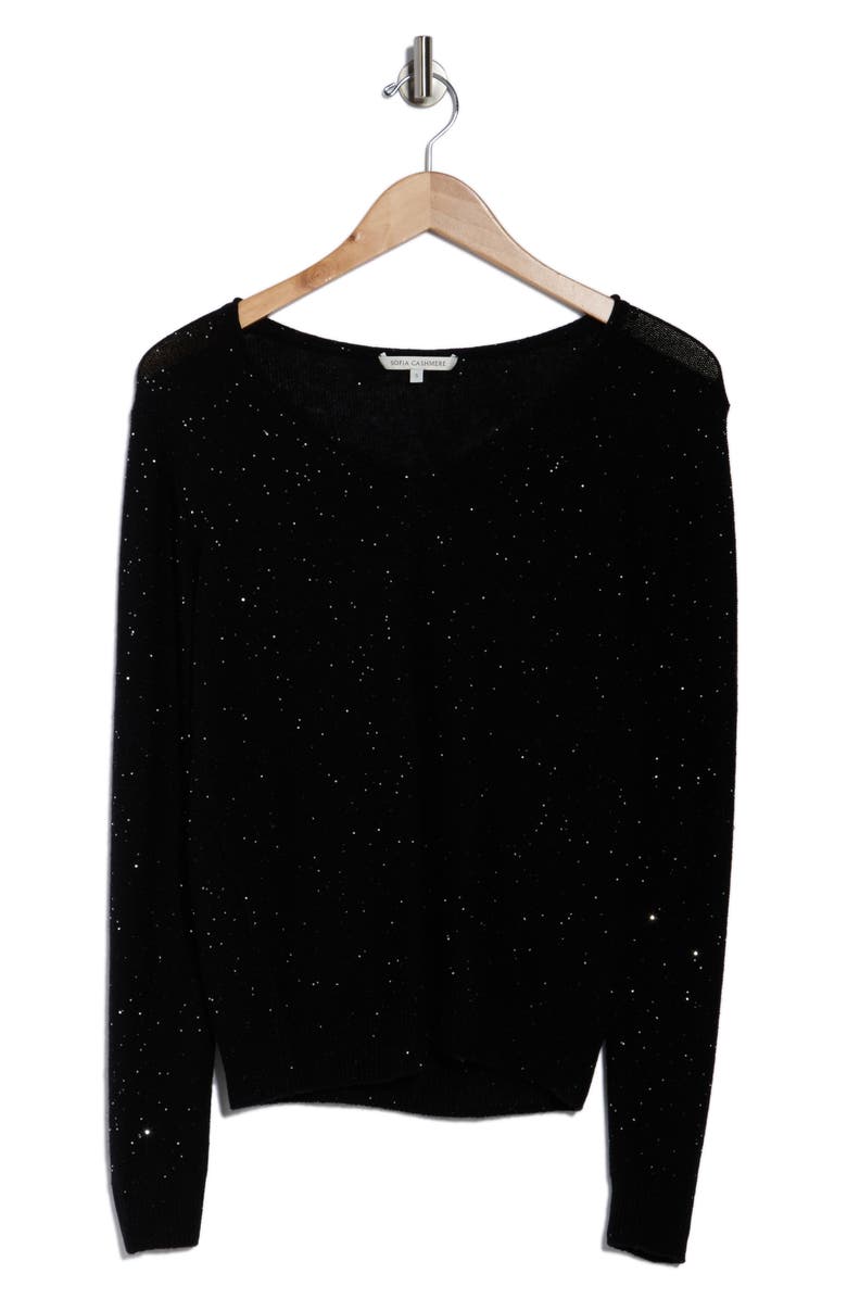 Sofia Cashmere Sequin V-Neck Wool Cashmere Blend Sweater, Alternate, color, Black