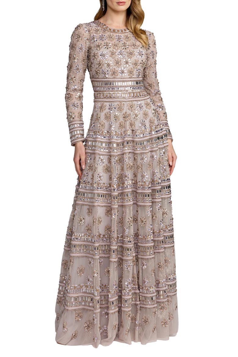 Embellished Mesh Sheer Long Sleeve A Line Gown, Main, color, Vintage Lilac