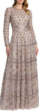 Mac Duggal Embellished Mesh Sheer Long Sleeve A Line Gown