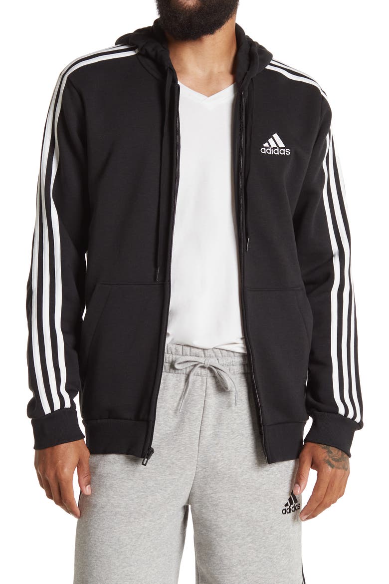 3-Stripes Zip Fleece Hoodie, Main, color, BLACK